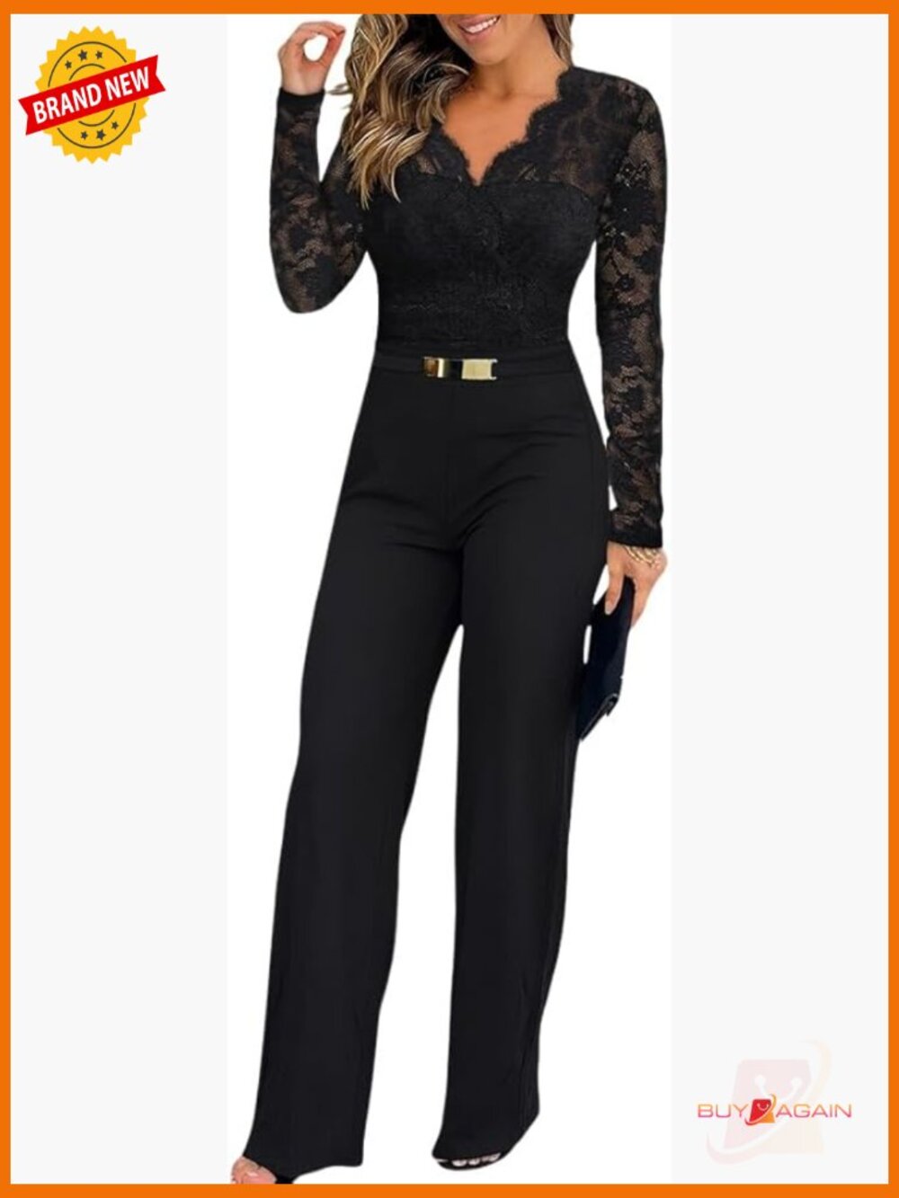 Dressy Lace Jumpsuit with Metal Belt - Long Sleeve V-Neck Straight Leg